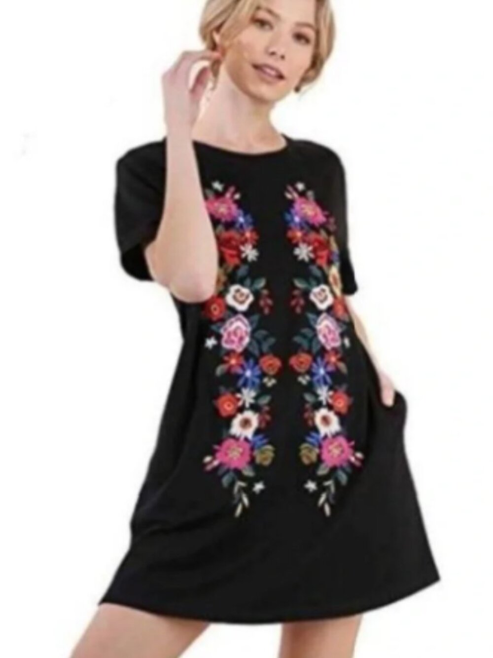 Umgee Black Floral Embroidered Short Sleeve T-Shirt Shift Dress Large